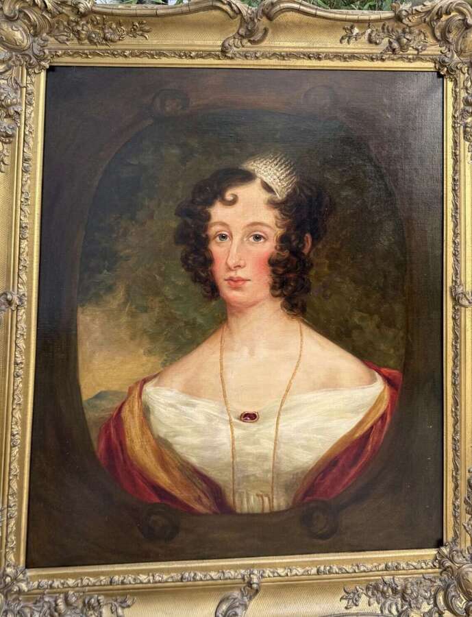 19th Century Portrait of a Lady with Ringlets and Red Shawl
