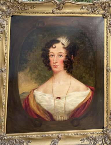 19th Century Portrait of a Lady with Ringlets and Red Shawl