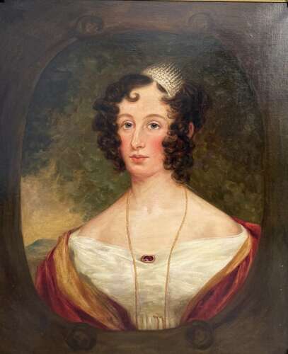 19th Century Portrait of a Lady with Ringlets and Red Shawl