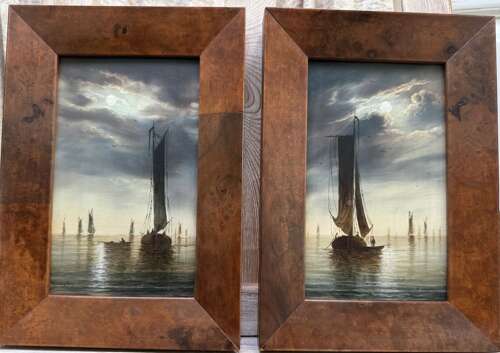 Pair of Ronald Cavella Oil Paintings – Boats at Anchor