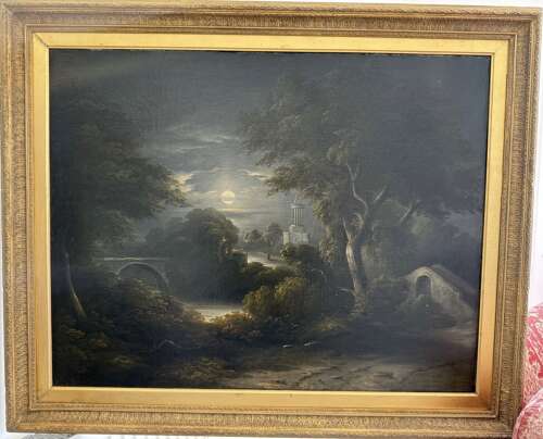 Large 19th Century Oil Painting - Moonlight Scene