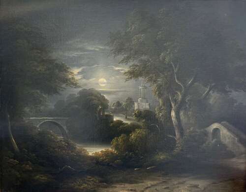 Large 19th Century Oil Painting - Moonlight Scene